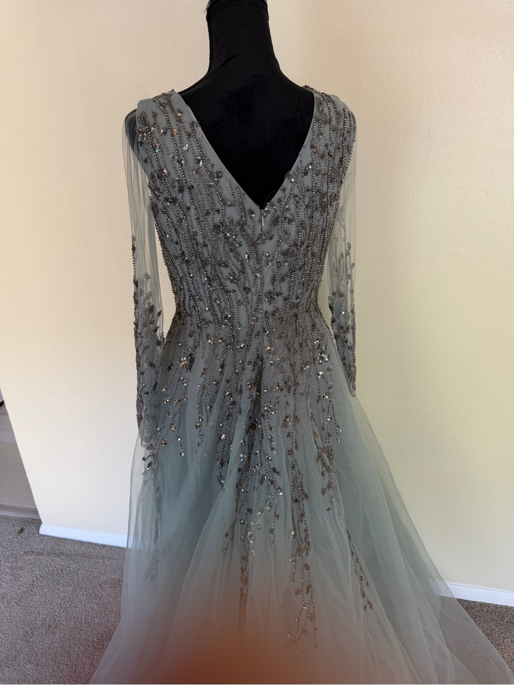 Mac Duggal Gray Beaded Long Sleeve Tulle Evening Gown